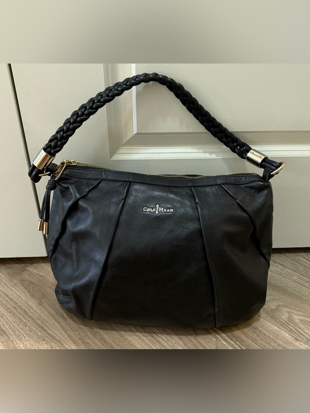 Cole Haan Braided Top Handle Black Leather Purse Vintage